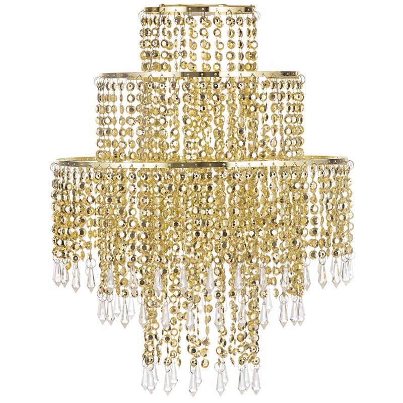 Waneway Acrylic Chandelier Shade, Ceiling Light Shade Beaded Pendant Lampshade with Crystal Beads and Gold Frame for Bedroom, Wedding or Party Decoration, Diameter 12.6 inches, 3 Tiers, Gold - Image 1
